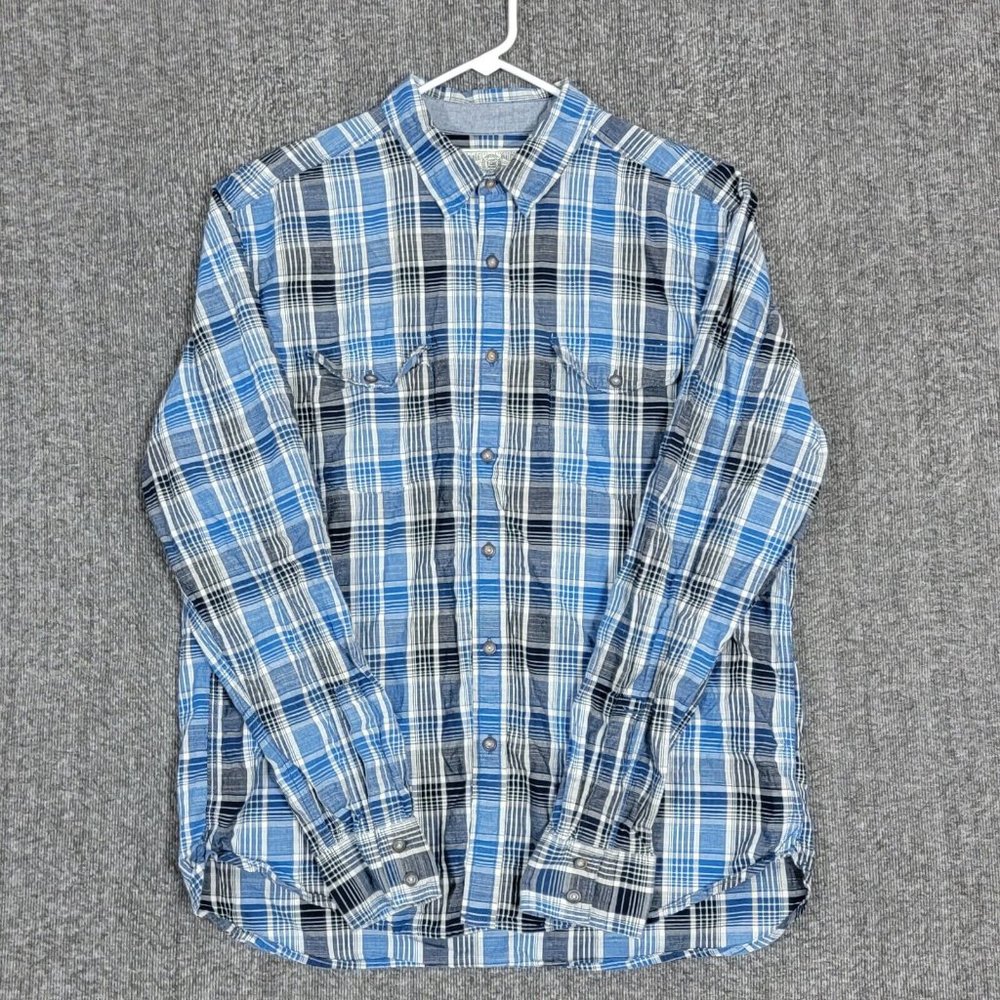 Lucky Brand Shirt Mens Large Blue Plaid 100% Cotton Button Up Long Sleeve